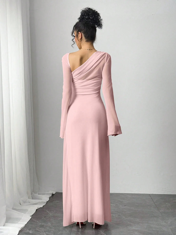 One-Shoulder Mesh Sleeve Maxi Dress
