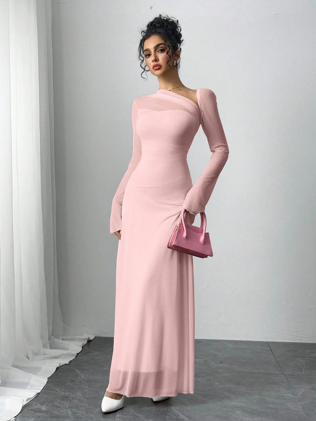 One-Shoulder Mesh Sleeve Maxi Dress