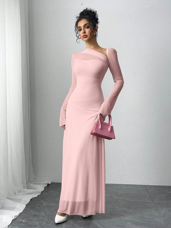 One-Shoulder Mesh Sleeve Maxi Dress