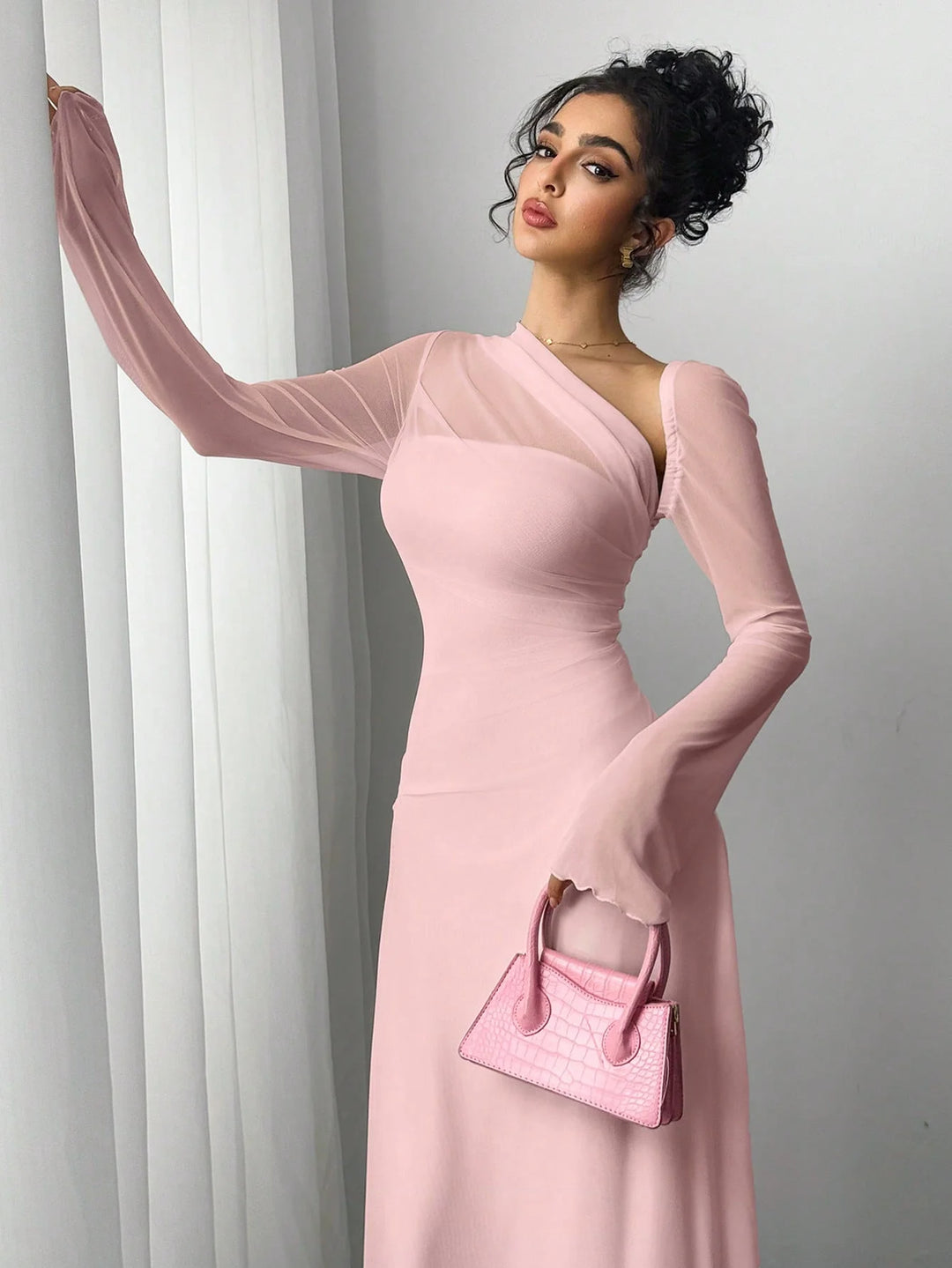 One-Shoulder Mesh Sleeve Maxi Dress