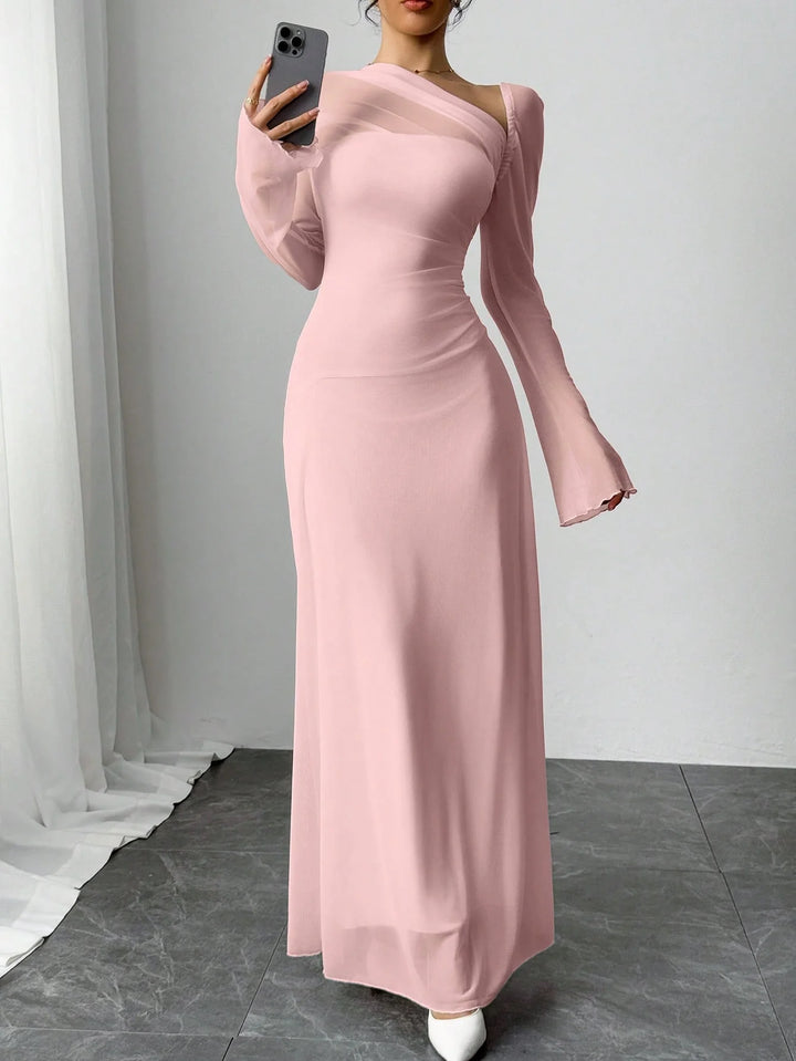 One-Shoulder Mesh Sleeve Maxi Dress