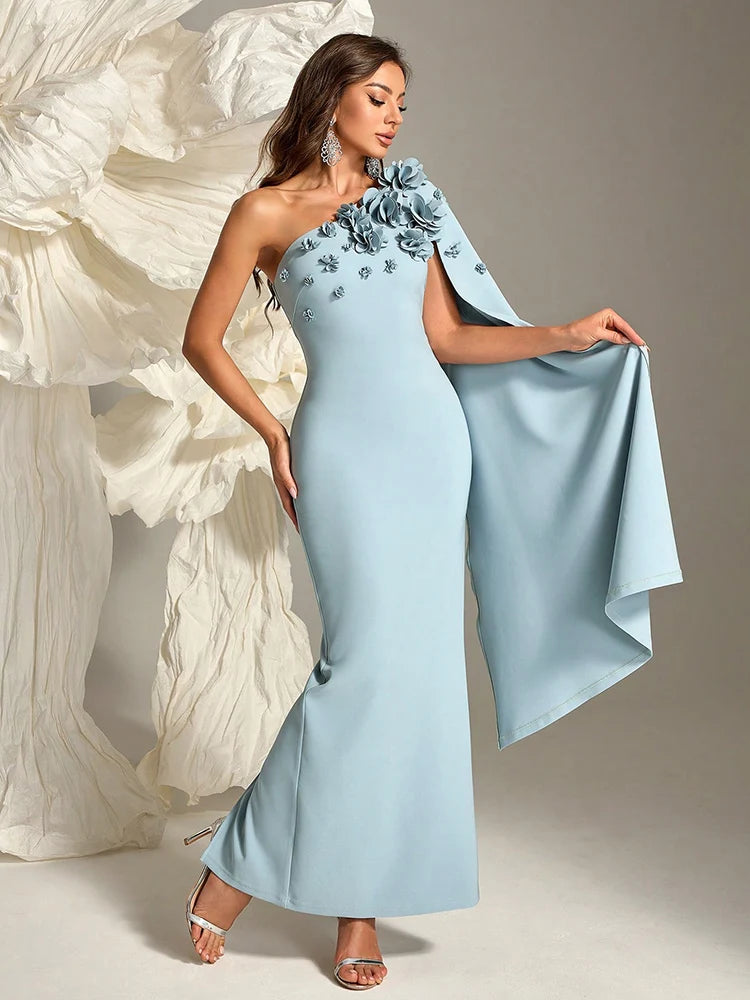 One Shoulder Floral Evening Gown