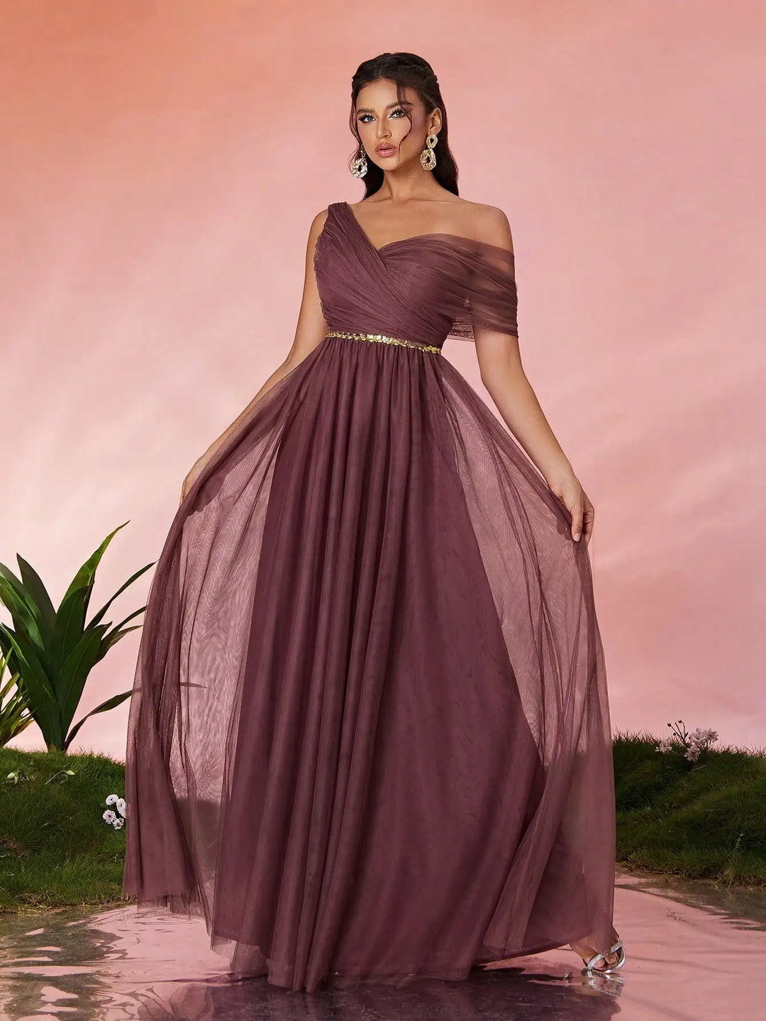 One Shoulder Sequin Tulle Evening Gown