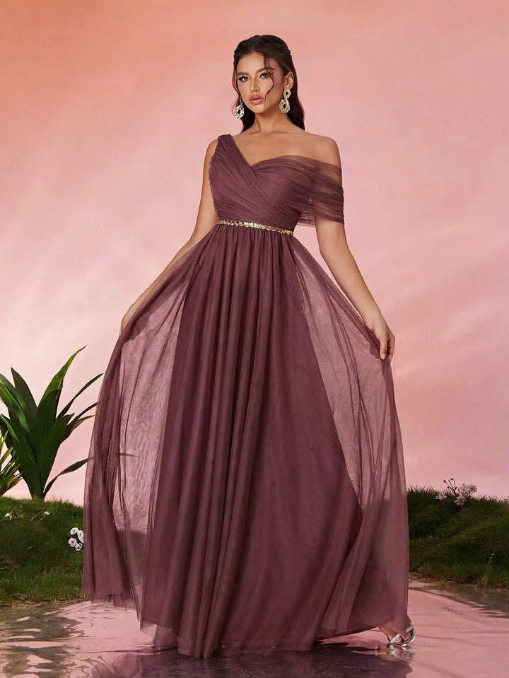 One Shoulder Sequin Tulle Evening Gown