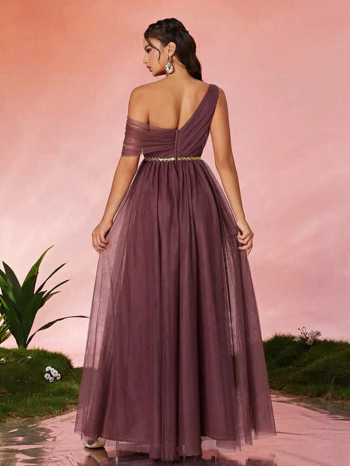 One Shoulder Sequin Tulle Evening Gown