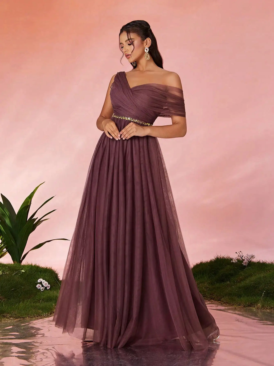 One Shoulder Sequin Tulle Evening Gown