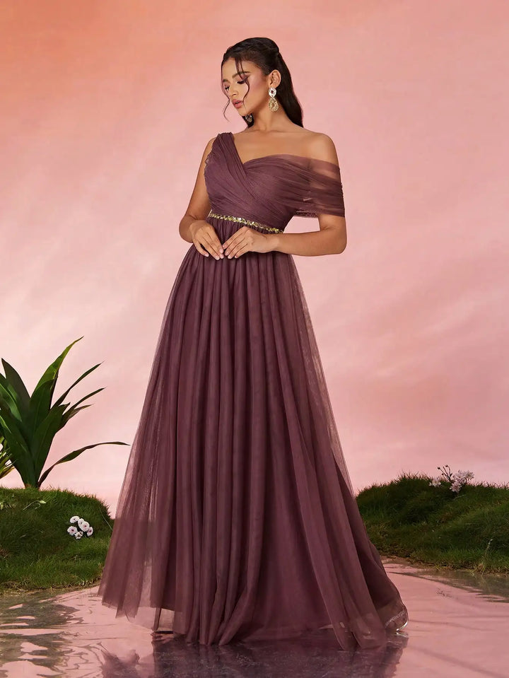 One Shoulder Sequin Tulle Evening Gown