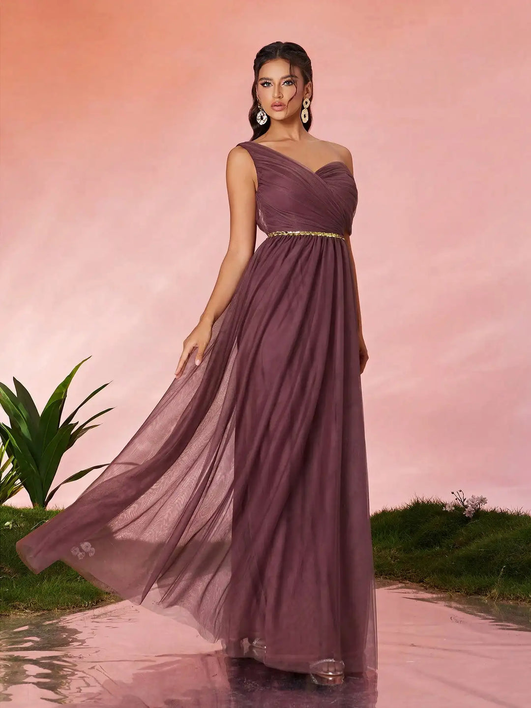 One Shoulder Sequin Tulle Evening Gown