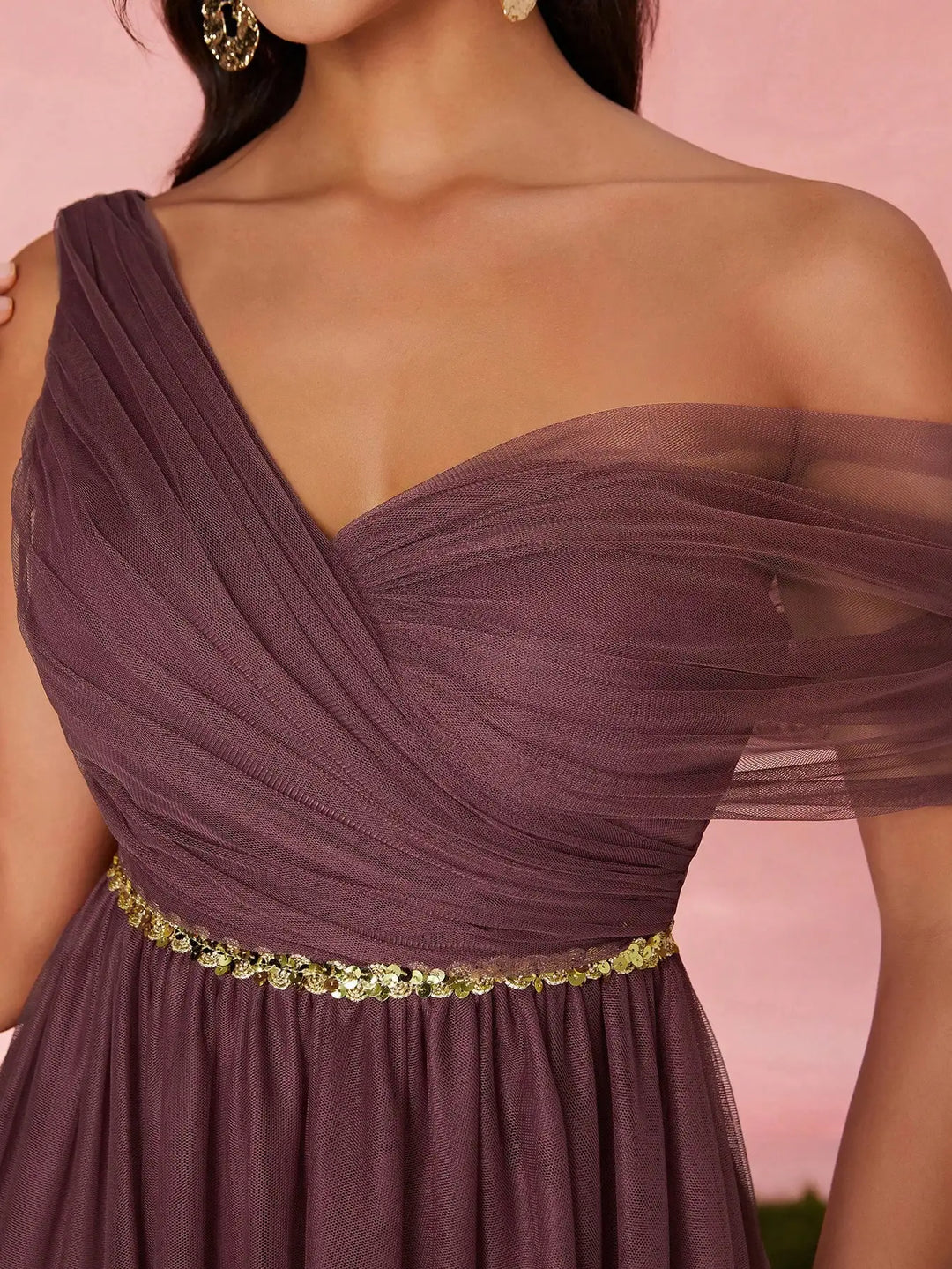 One Shoulder Sequin Tulle Evening Gown