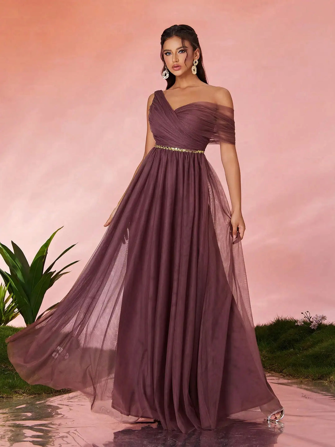 One Shoulder Sequin Tulle Evening Gown