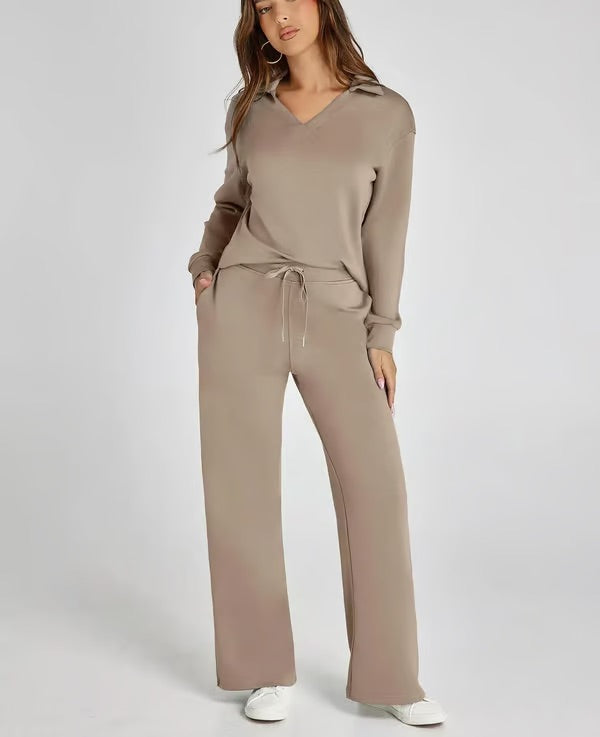 Two-Piece Set V-Neck Sweatshirt Elastic Trousers