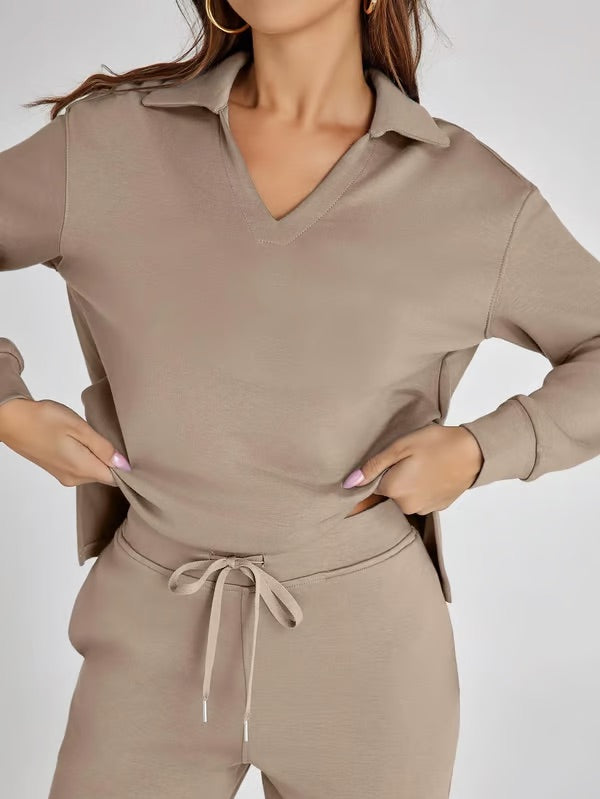 Two-Piece Set V-Neck Sweatshirt Elastic Trousers