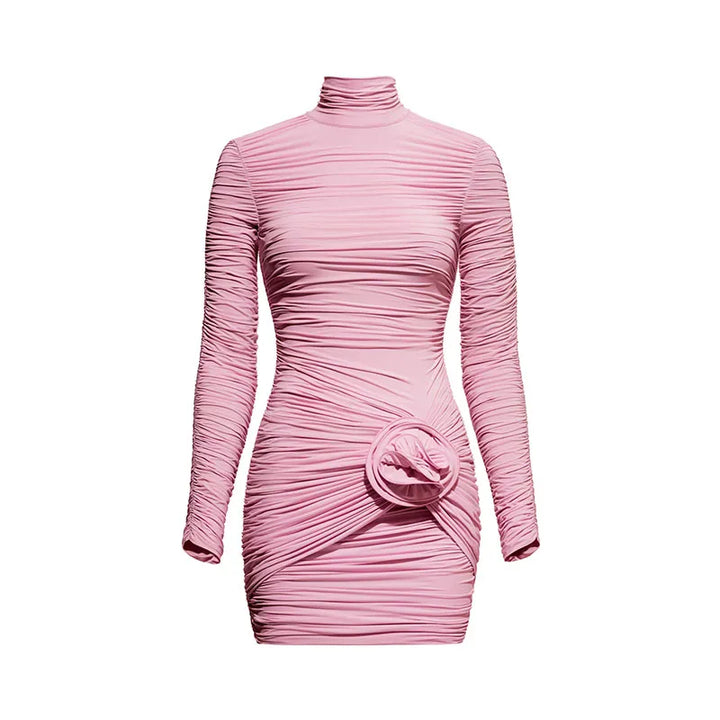 Pleated Half High Neck Wrap Dress