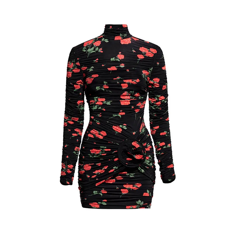 Pleated Half High Neck Wrap Dress