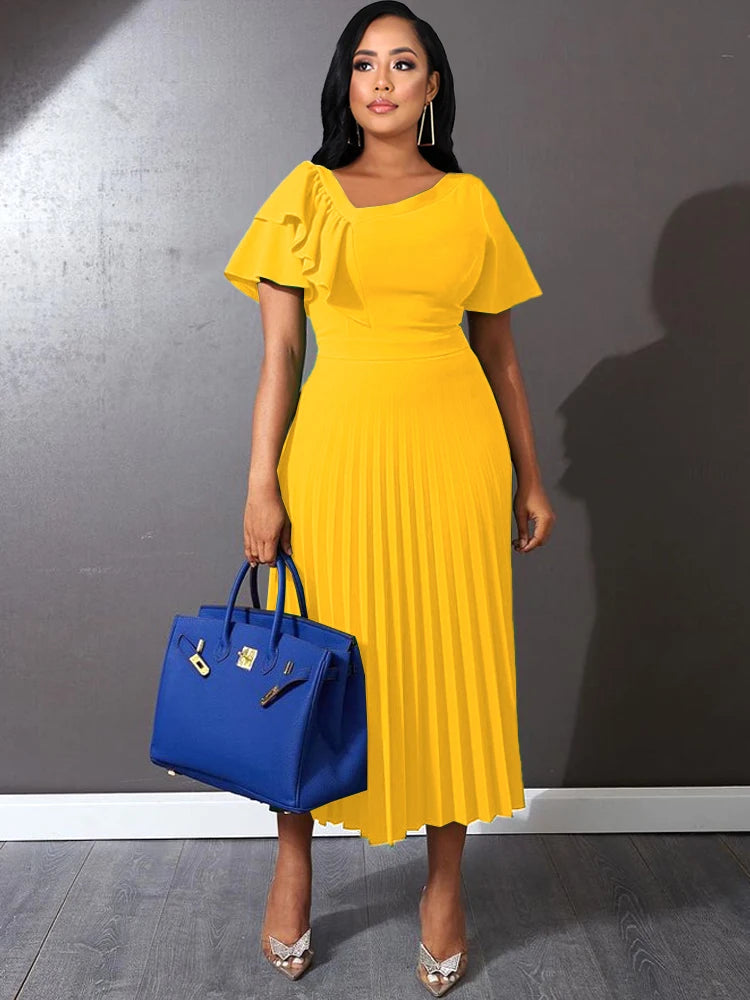 Pleated Ruffle Sleeve Midi Dress
