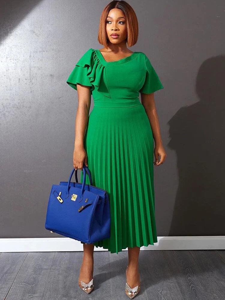 Pleated Ruffle Sleeve Midi Dress
