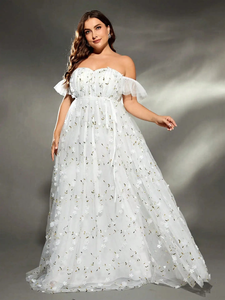 Plus Size Embroidered Mesh Wedding Gown