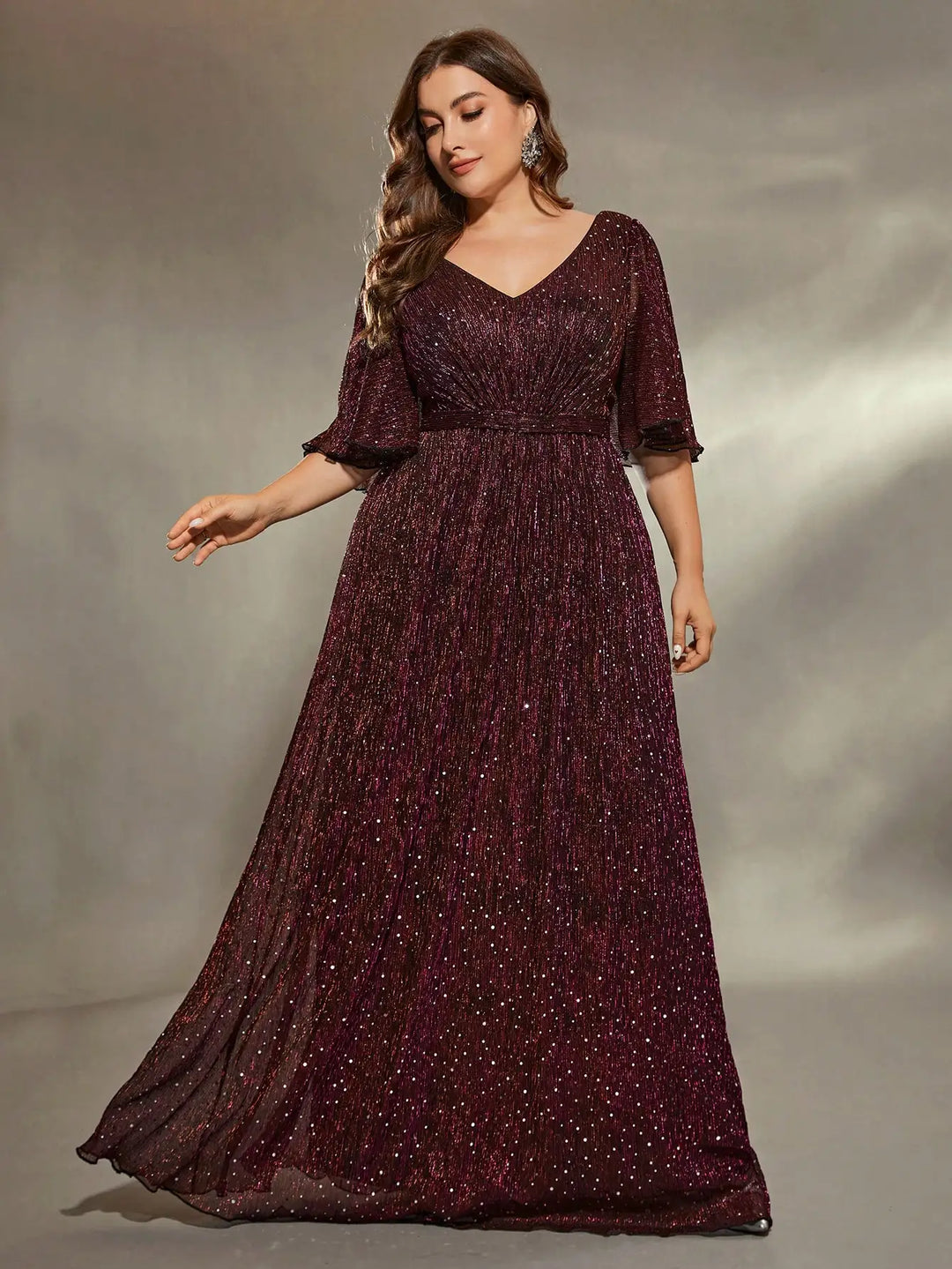 Plus Size Glitter Evening Gown with Flared Sleeves