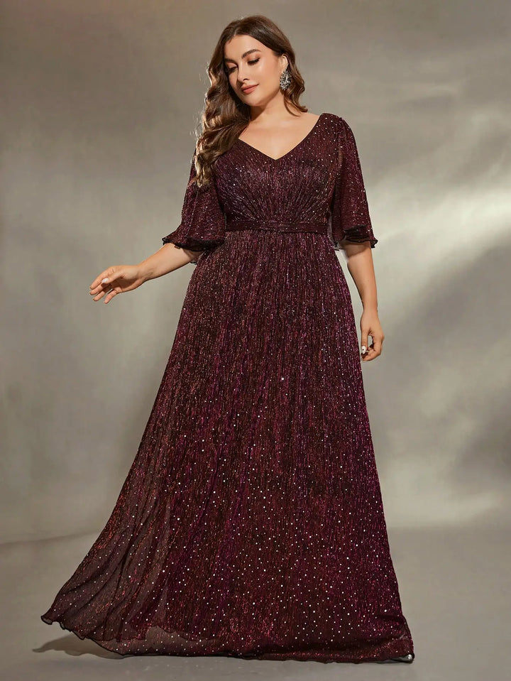 Plus Size Glitter Evening Gown with Flared Sleeves