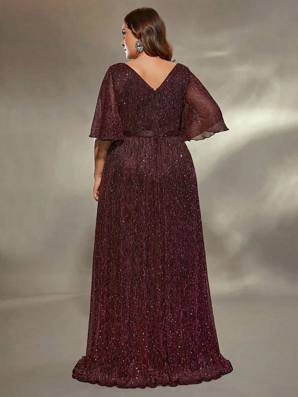 Plus Size Glitter Evening Gown with Flared Sleeves