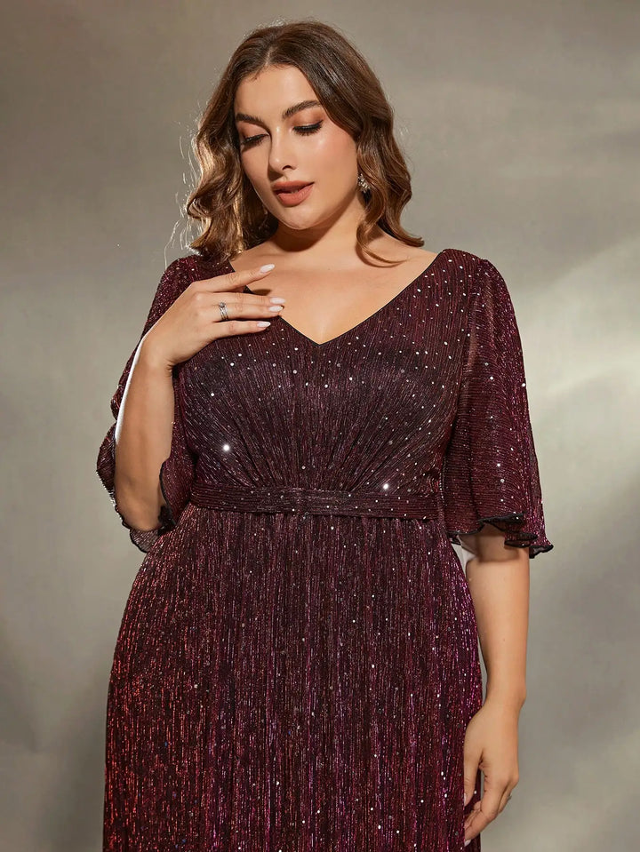 Plus Size Glitter Evening Gown with Flared Sleeves