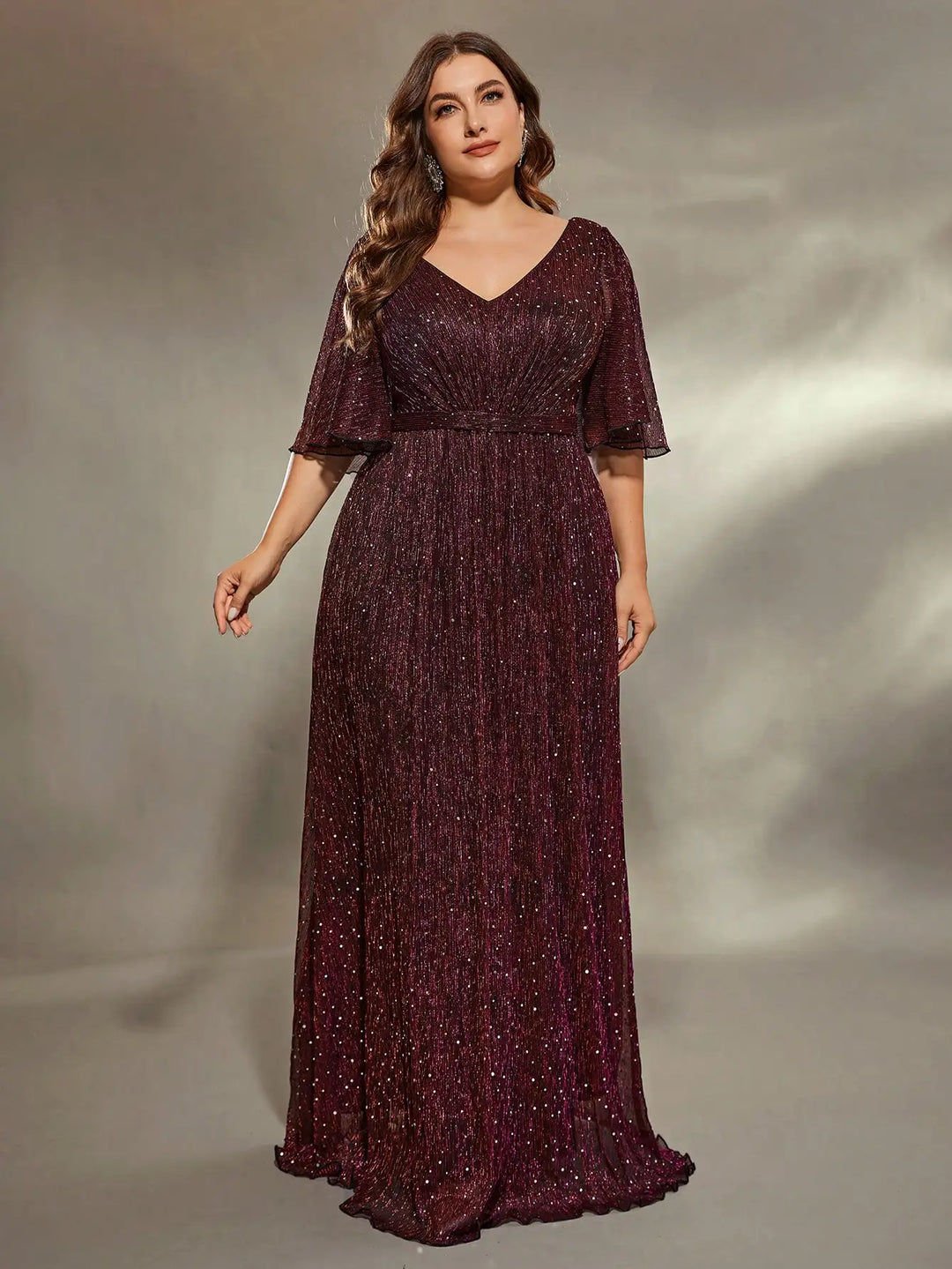Plus Size Glitter Evening Gown with Flared Sleeves