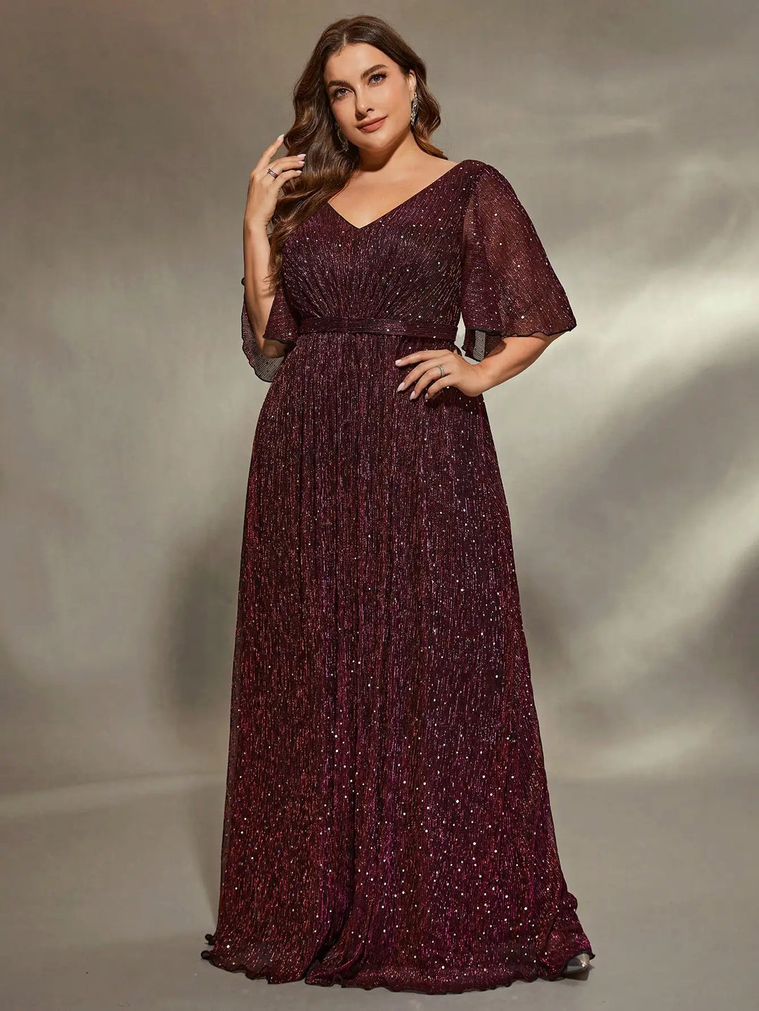 Plus Size Glitter Evening Gown with Flared Sleeves