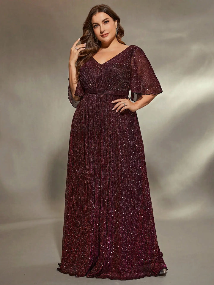 Plus Size Glitter Evening Gown with Flared Sleeves