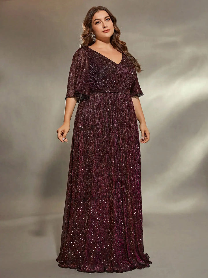 Plus Size Glitter Evening Gown with Flared Sleeves