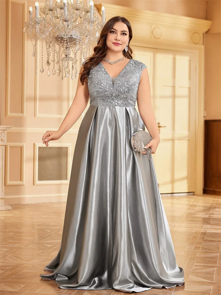 Plus Size Satin V-Neck Evening Gown