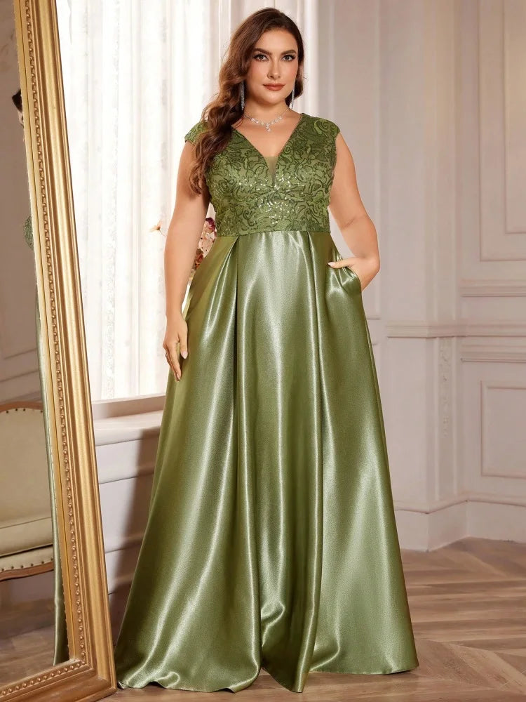 Plus Size Satin V-Neck Evening Gown