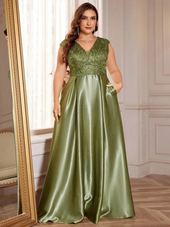 Plus Size Satin V-Neck Evening Gown