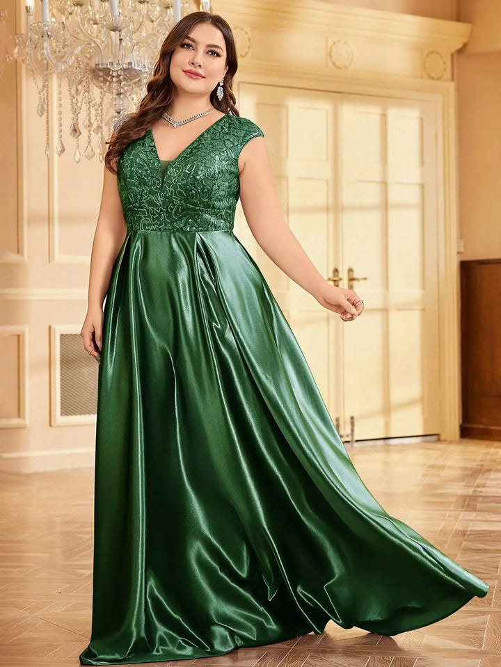 Plus Size Satin V-Neck Evening Gown