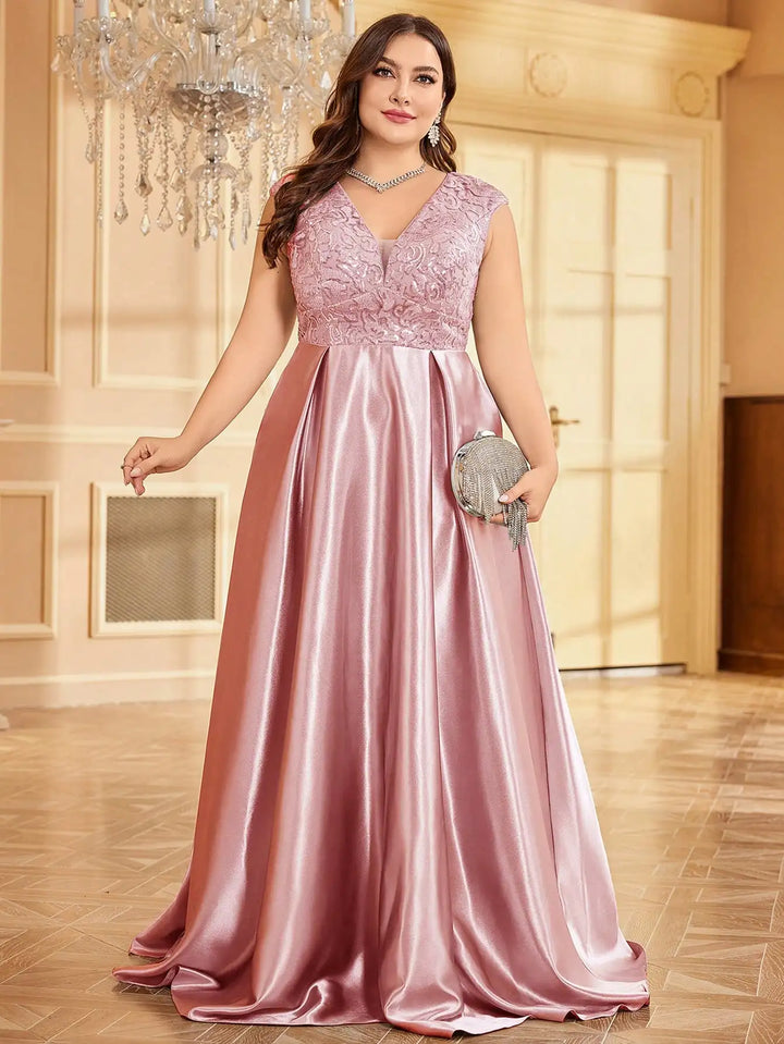 Plus Size Satin V-Neck Evening Gown