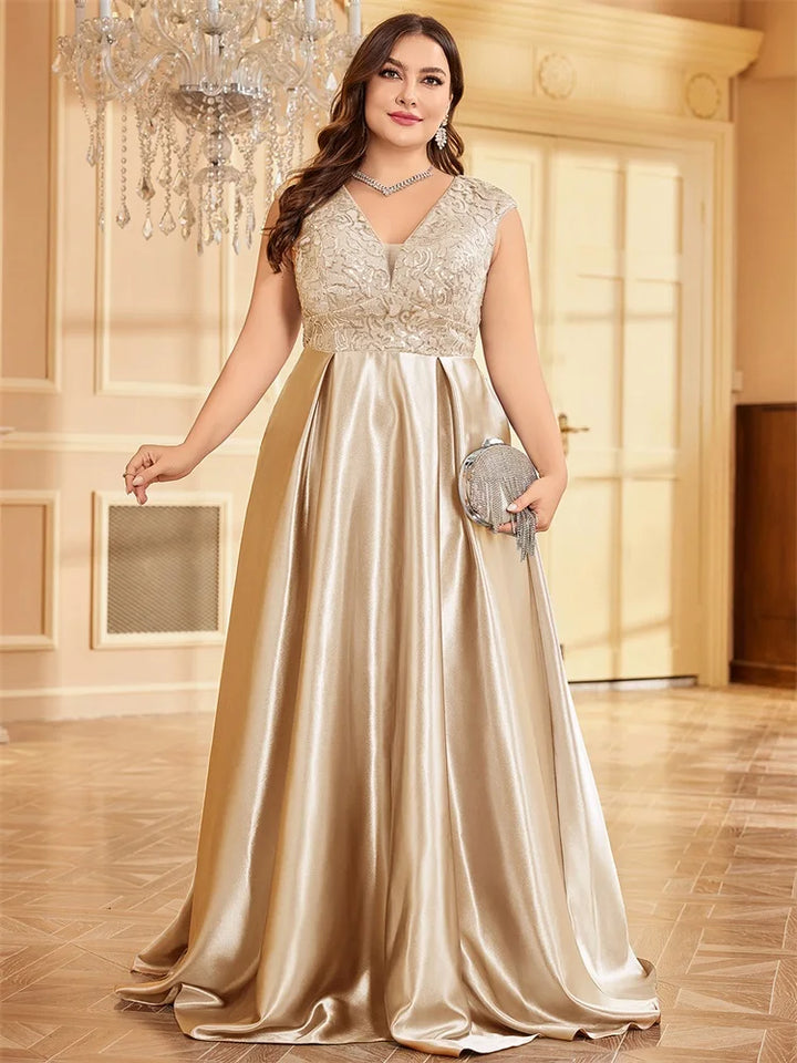 Plus Size Satin V-Neck Evening Gown