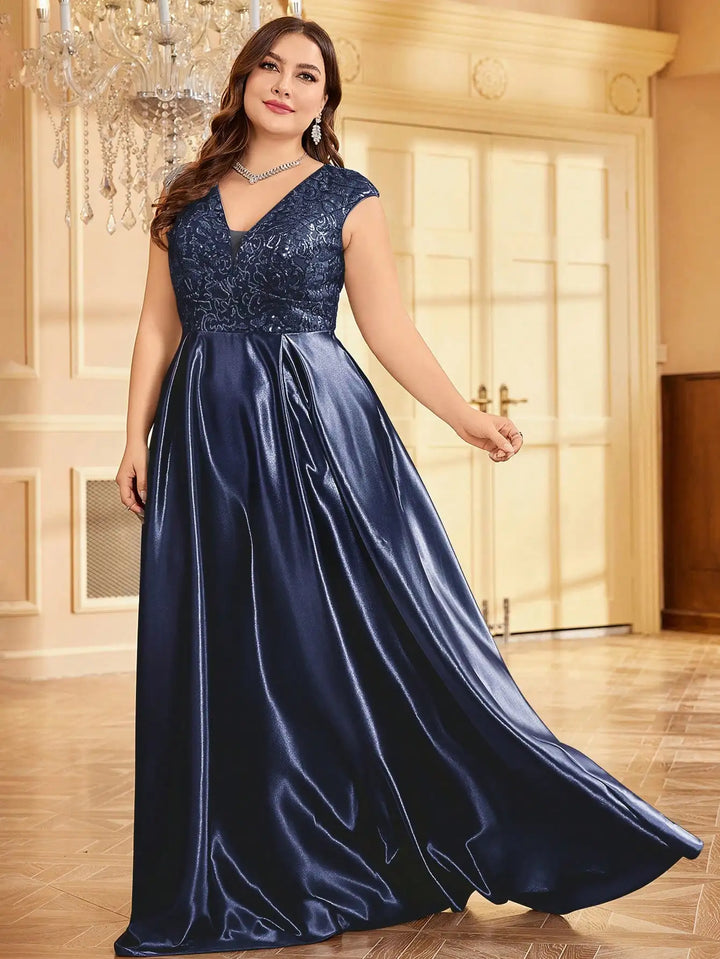Plus Size Satin V-Neck Evening Gown