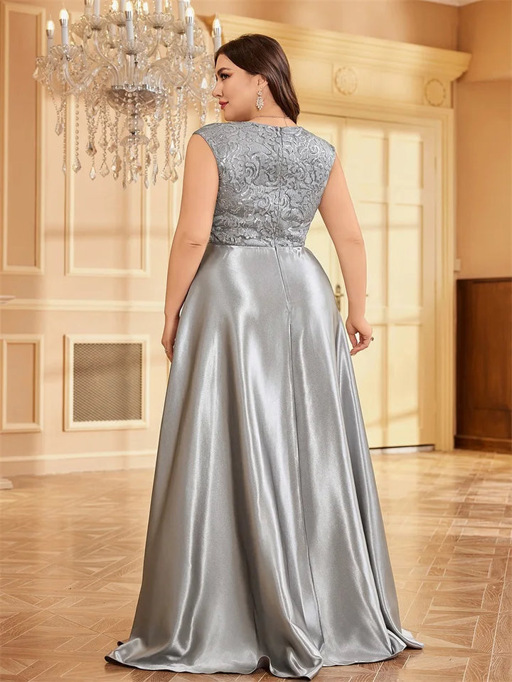 Plus Size Satin V-Neck Evening Gown