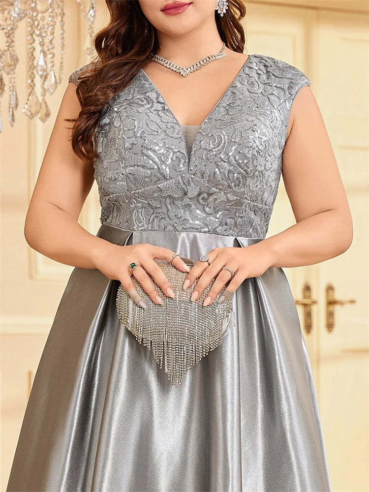 Plus Size Satin V-Neck Evening Gown