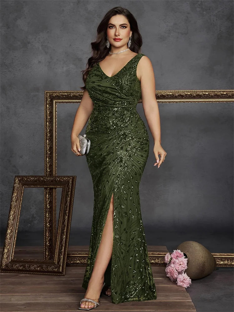 Plus Size Sequin Slit Evening Gown