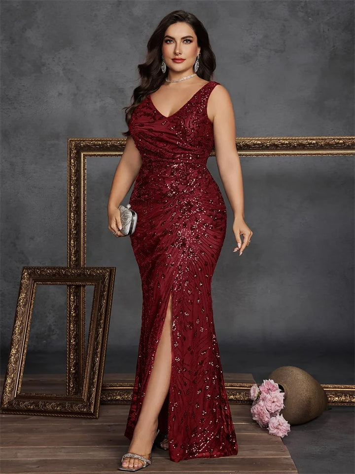 Plus Size Sequin Slit Evening Gown