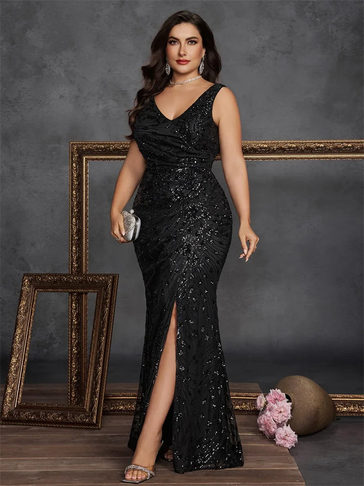Plus Size Sequin Slit Evening Gown