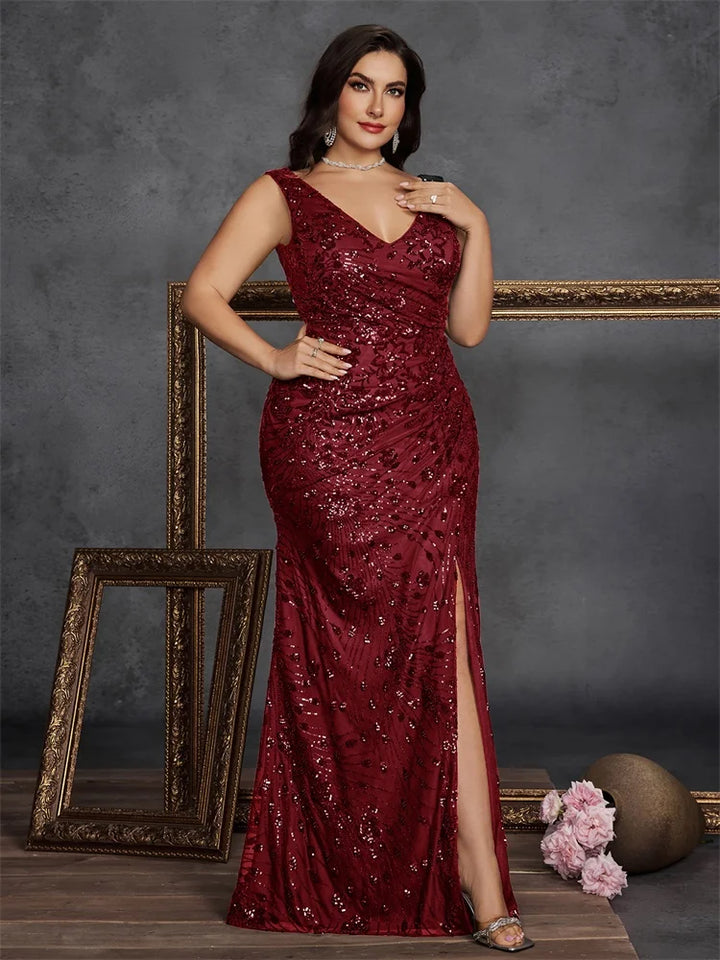 Plus Size Sequin Slit Evening Gown