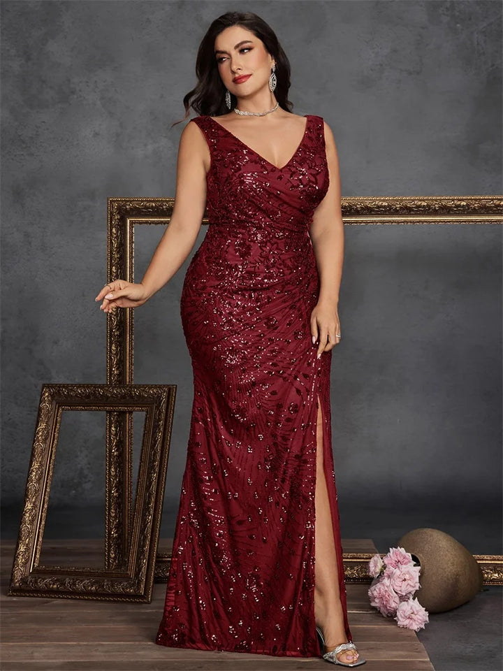 Plus Size Sequin Slit Evening Gown