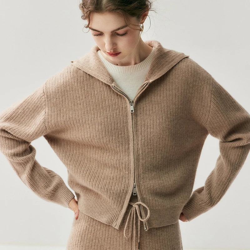 Pure Cashmere Hooded Zip Knit Cardigan