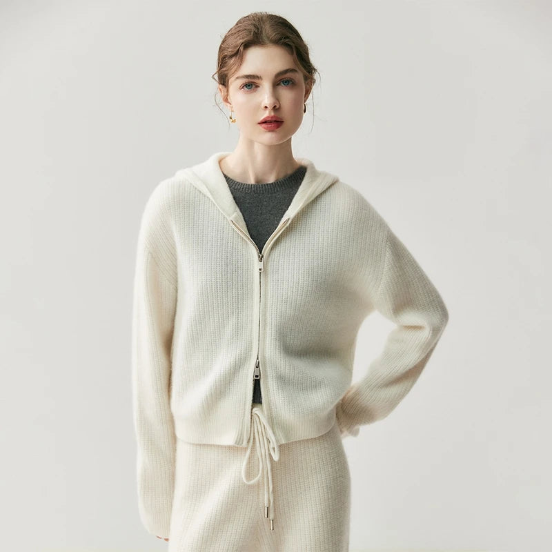Pure Cashmere Hooded Zip Knit Cardigan
