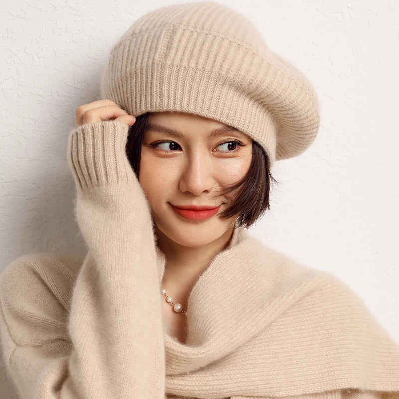 Pure Cashmere Knit Beret Hat