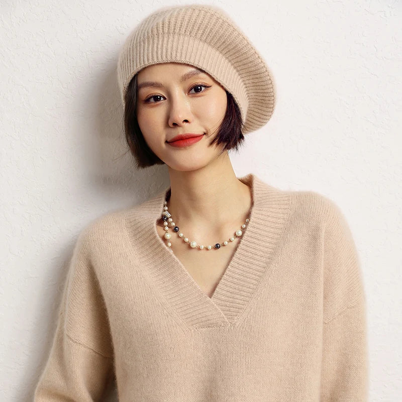 Pure Cashmere Knit Beret Hat