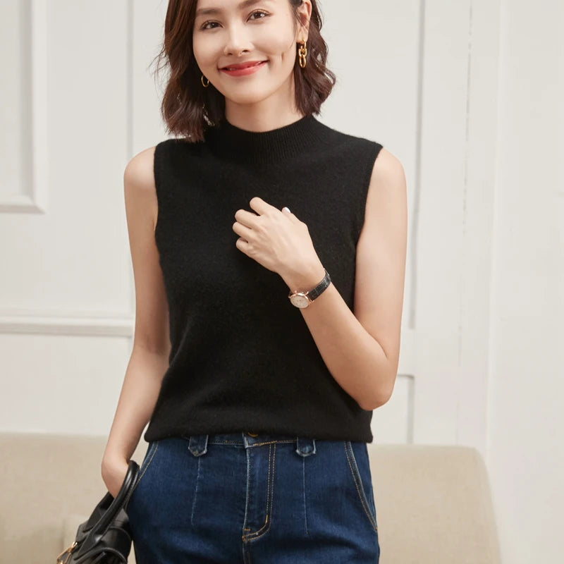 Pure Cashmere Sleeveless Mock Neck Top