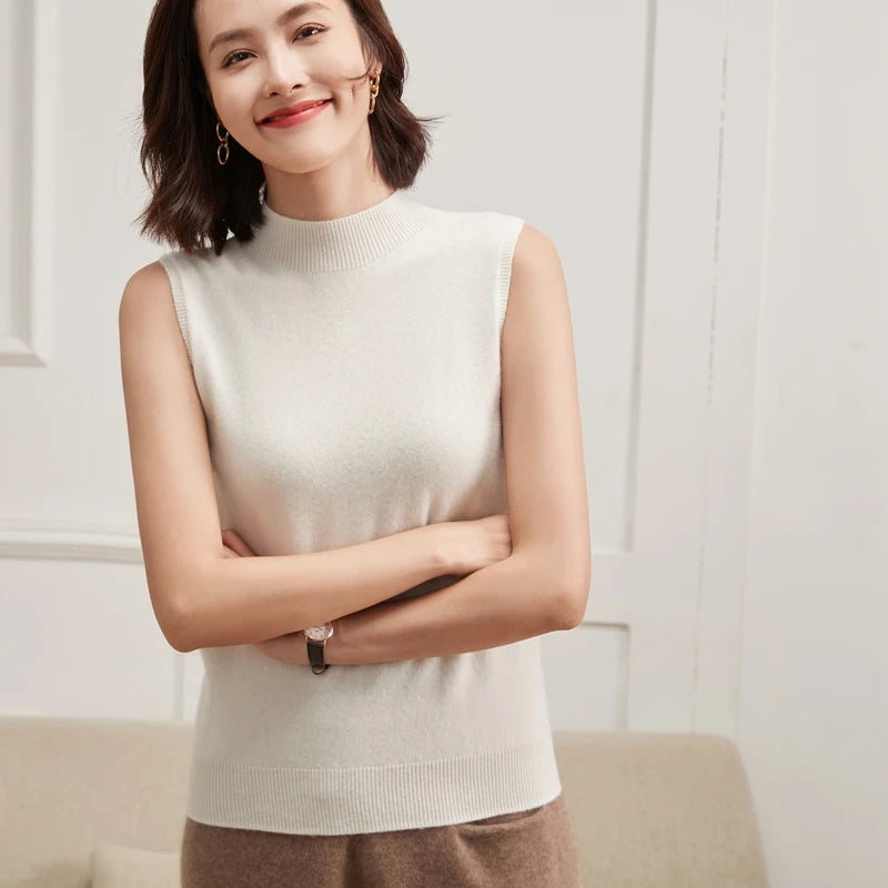 Pure Cashmere Sleeveless Mock Neck Top