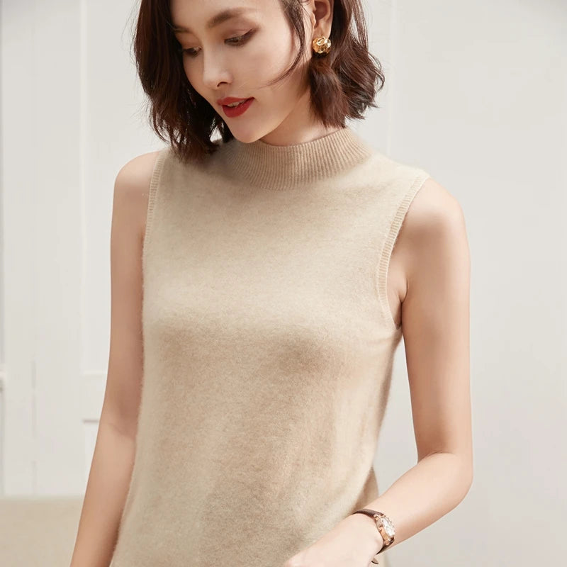 Pure Cashmere Sleeveless Mock Neck Top